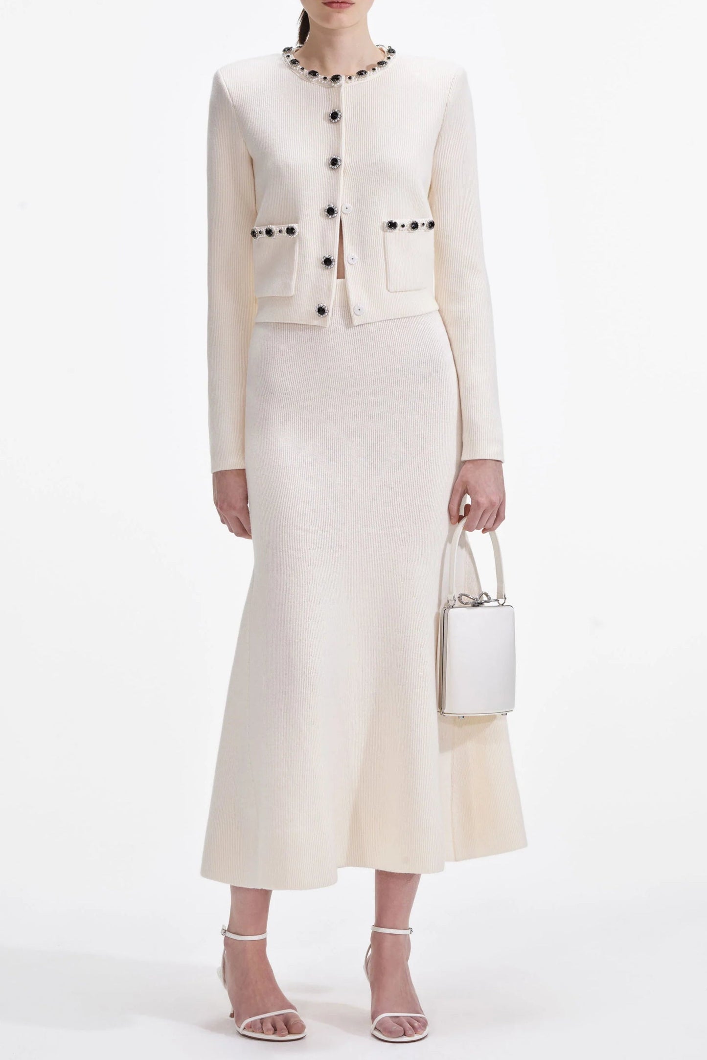 Elisa Cream Embellished Cardigan skirt set