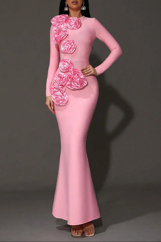 Ellalabel Riley 3D Flower Decorative Bandage maxi Dress in pink - Crafted from High-quality Fabrication- Ideal for Wedding Guest and Formal Galas.