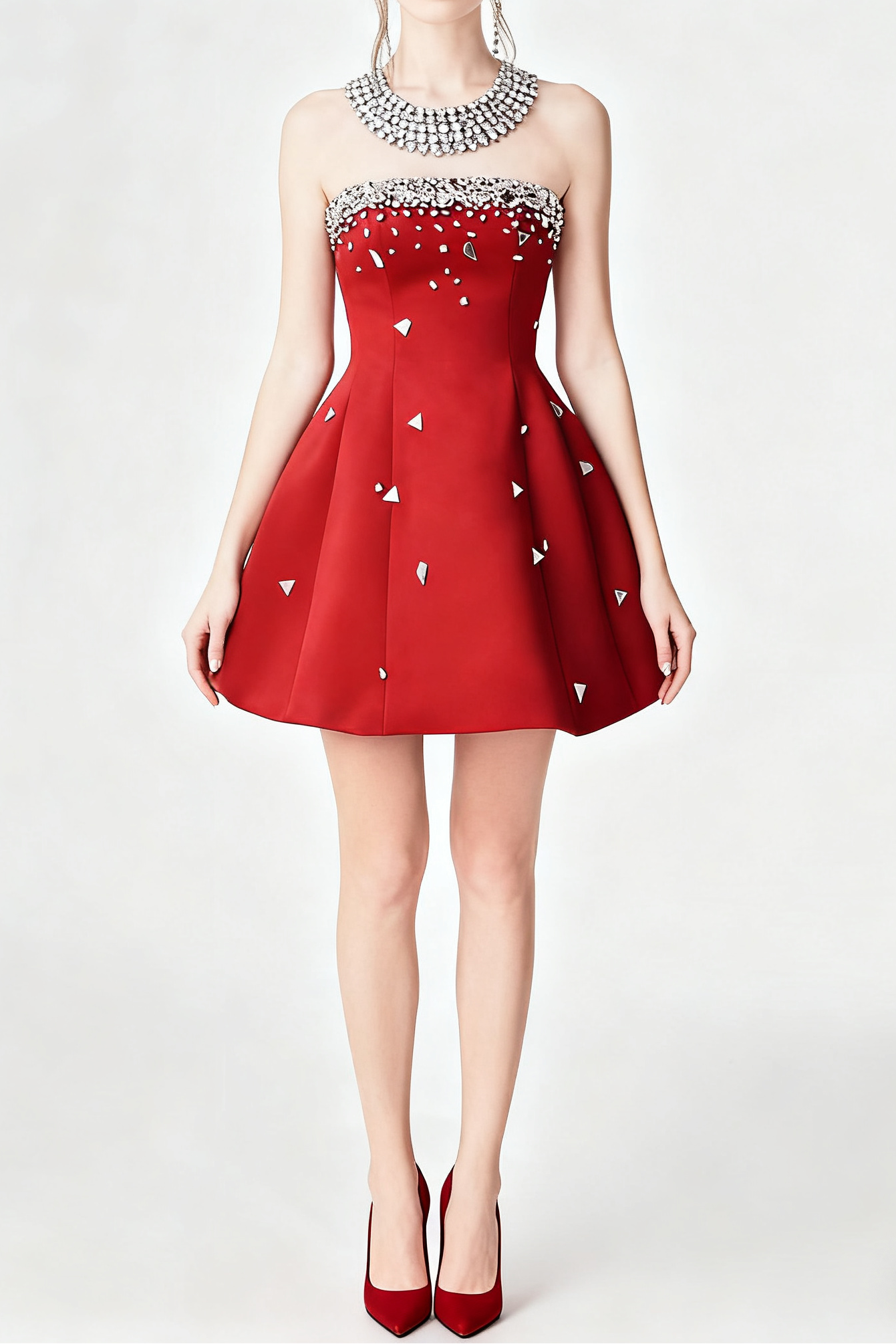 audrey RED CRYSTAL-EMBELLISHED STRAPLESS MINI DRESS