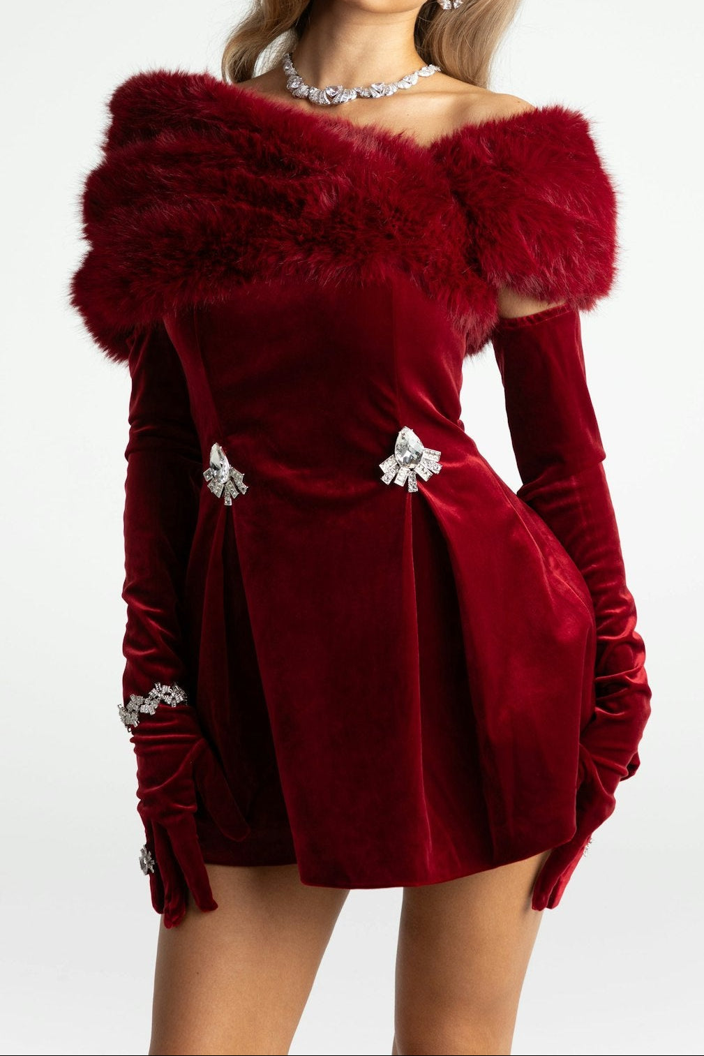 meredith  long sleeve fur Velvet mini Dress in red