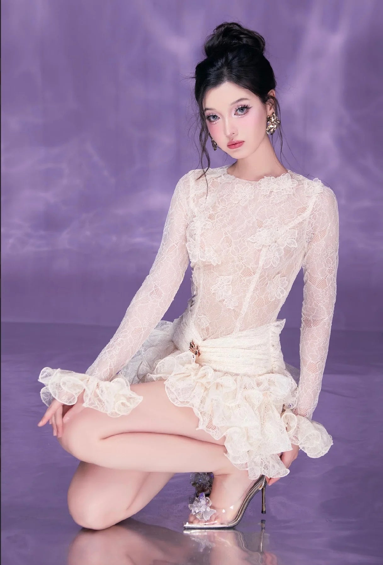 victoria white lace embroidery ruched trim mini dress