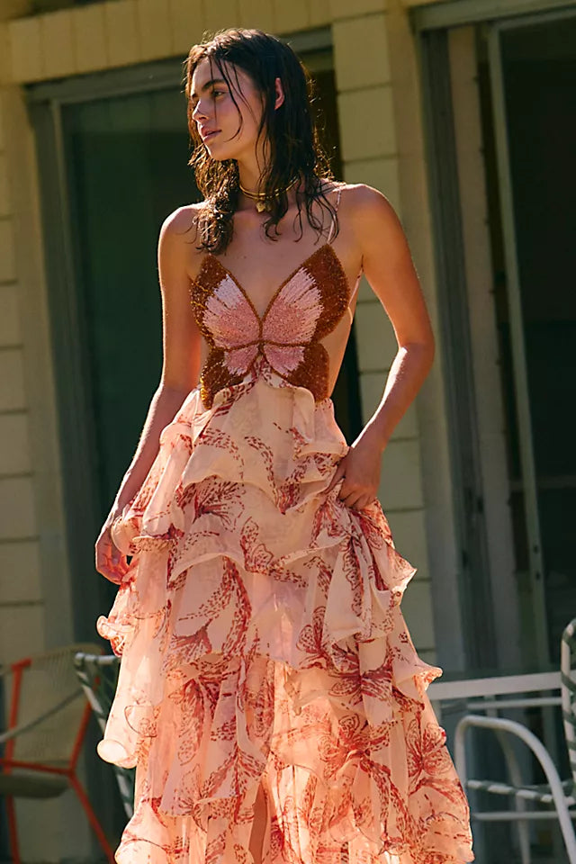 sherry sunset butterfly ruffle layer maxi dress