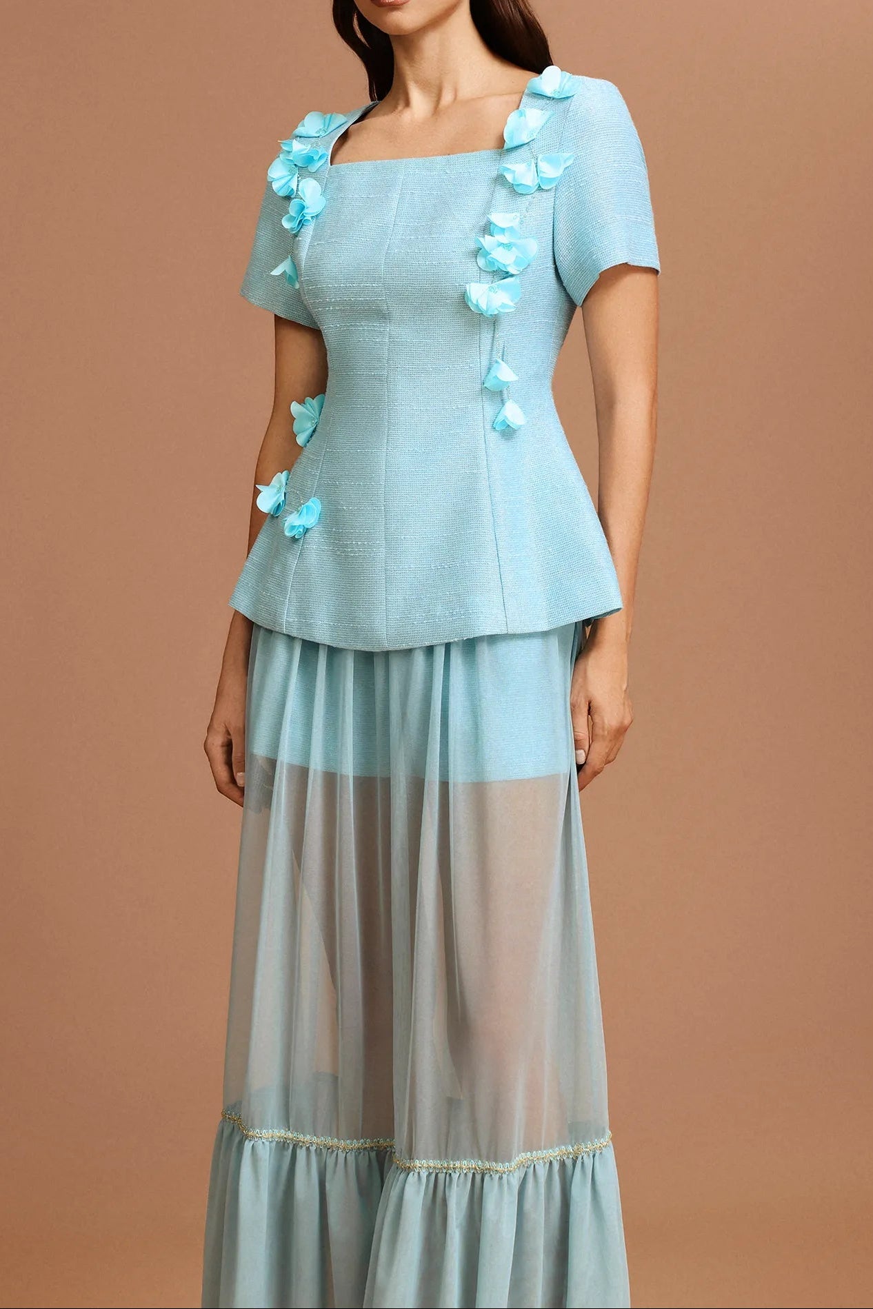 Tiffany blue Short Sleeves Flowers Folds Top And Skirt Two-Piece Set