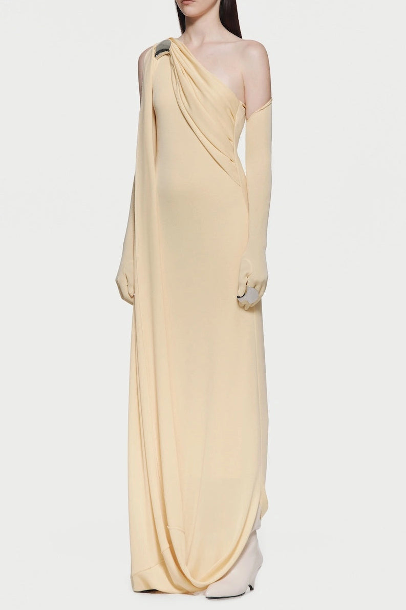 gustave one-shoulder pleated backless maxi dress in yellow