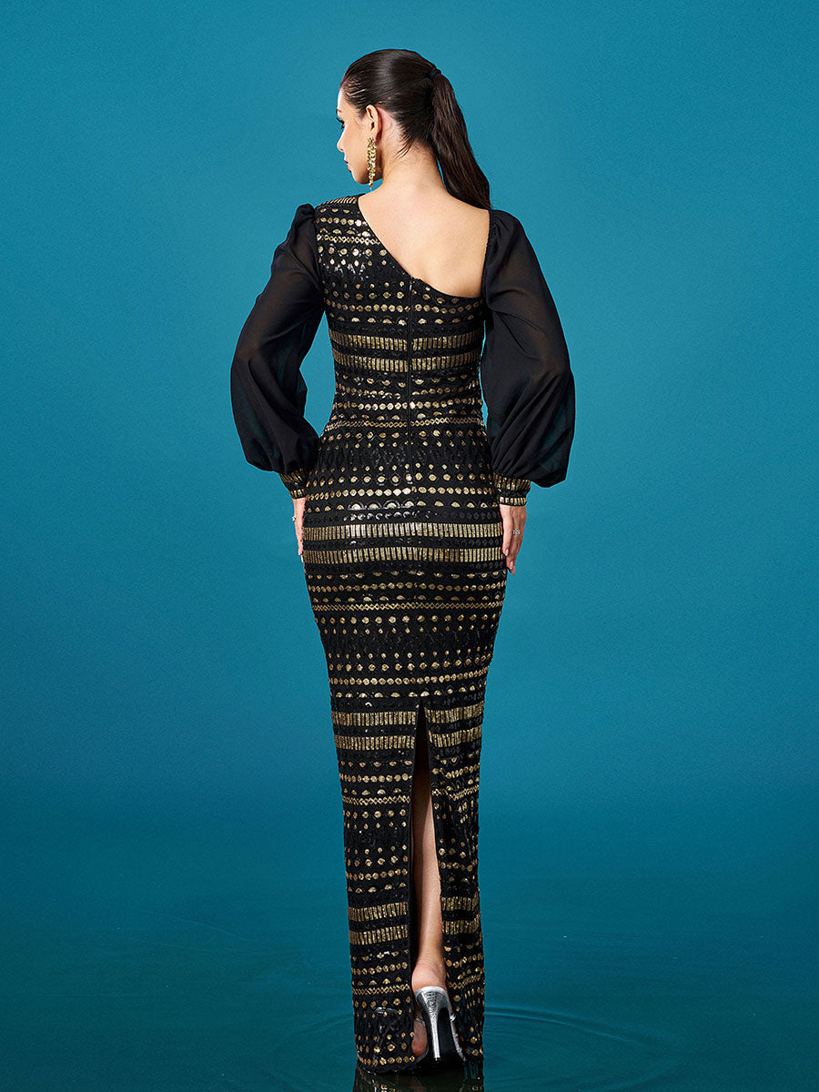 Black Long Sleeve Cutout Sheath Sequin Dress - Stylish black dress for special occasions | Buy Online