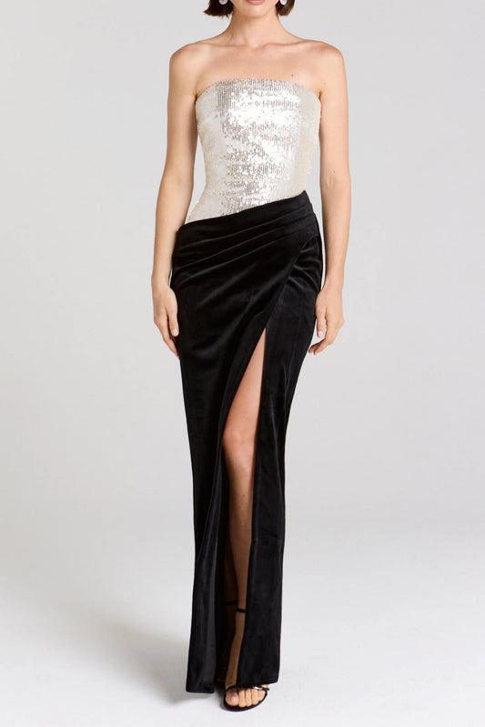 Ellalabel marcia off shoulder sequin high slit velvet maxi Dress - Silver/Black - Crafted from Luxury Velvet- Ideal for Wedding Guest and Formal Galas.