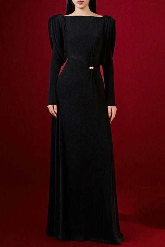 Ellalabel beryl pleated Knitted Fabric Maxi Dress in black - Crafted from Soft-touch Fine Knit- Ideal for Wedding Guest and Formal Galas.