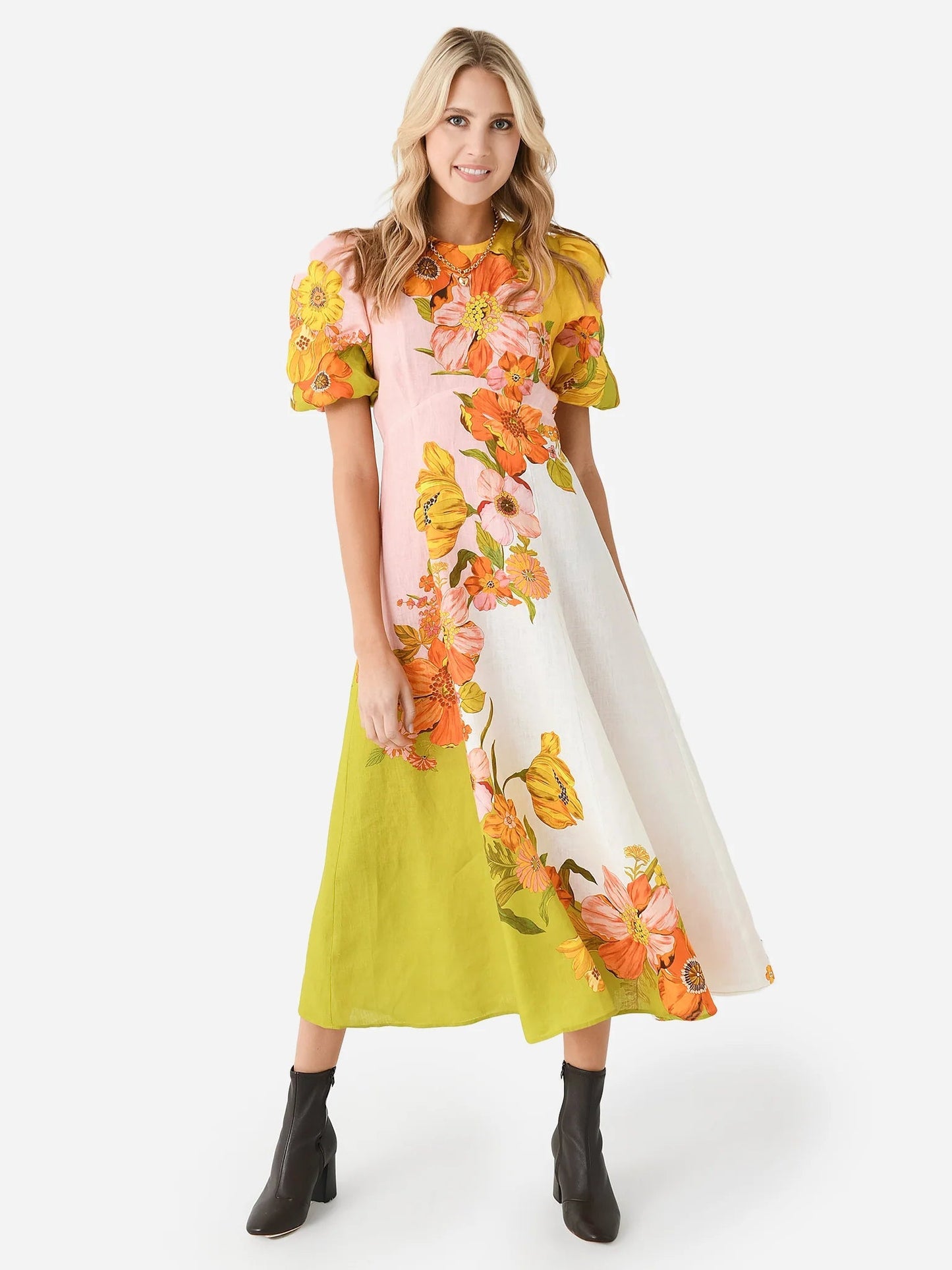 nancy yellow puff sleeve floral print maxi dress