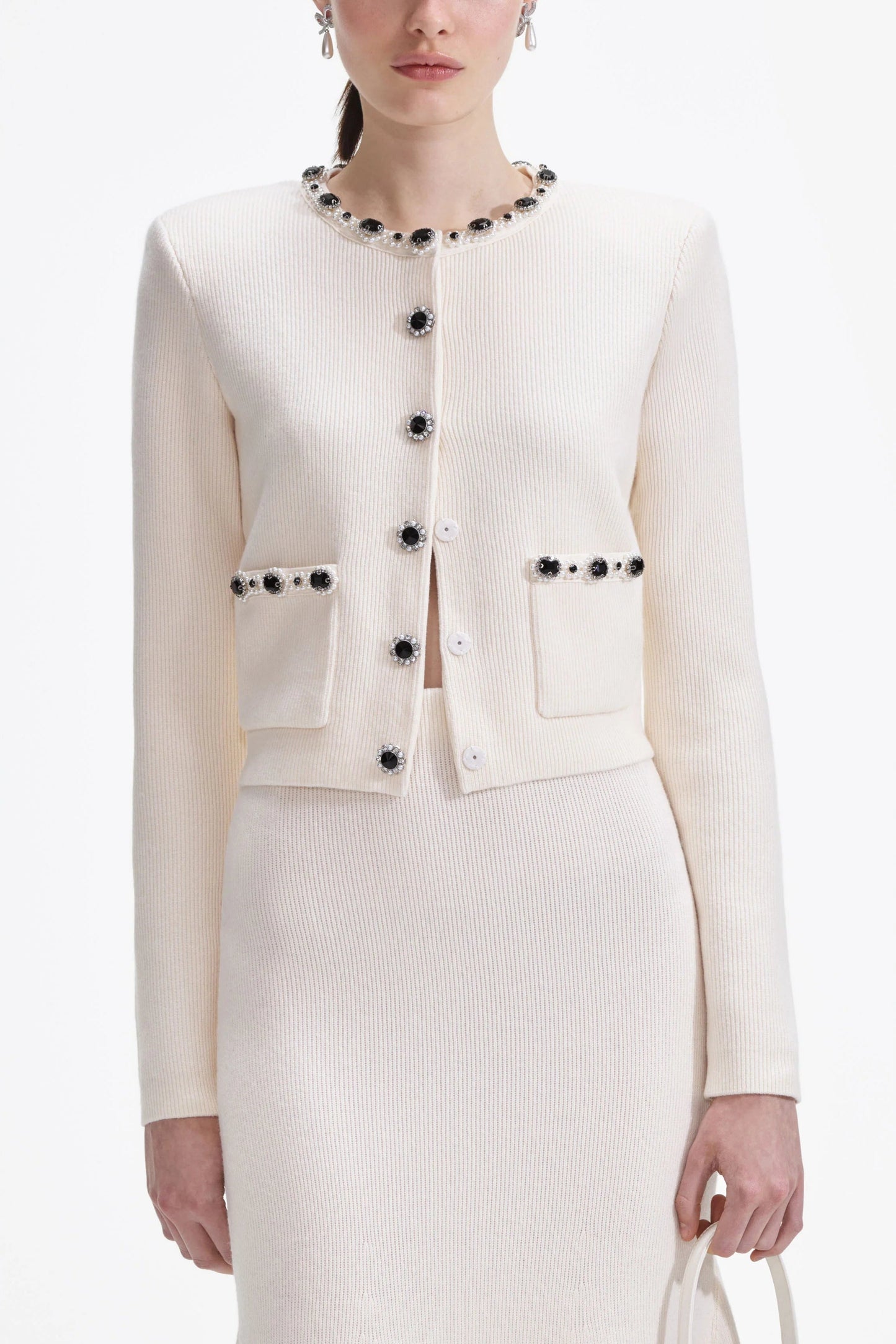 Elisa Cream Embellished Cardigan skirt set