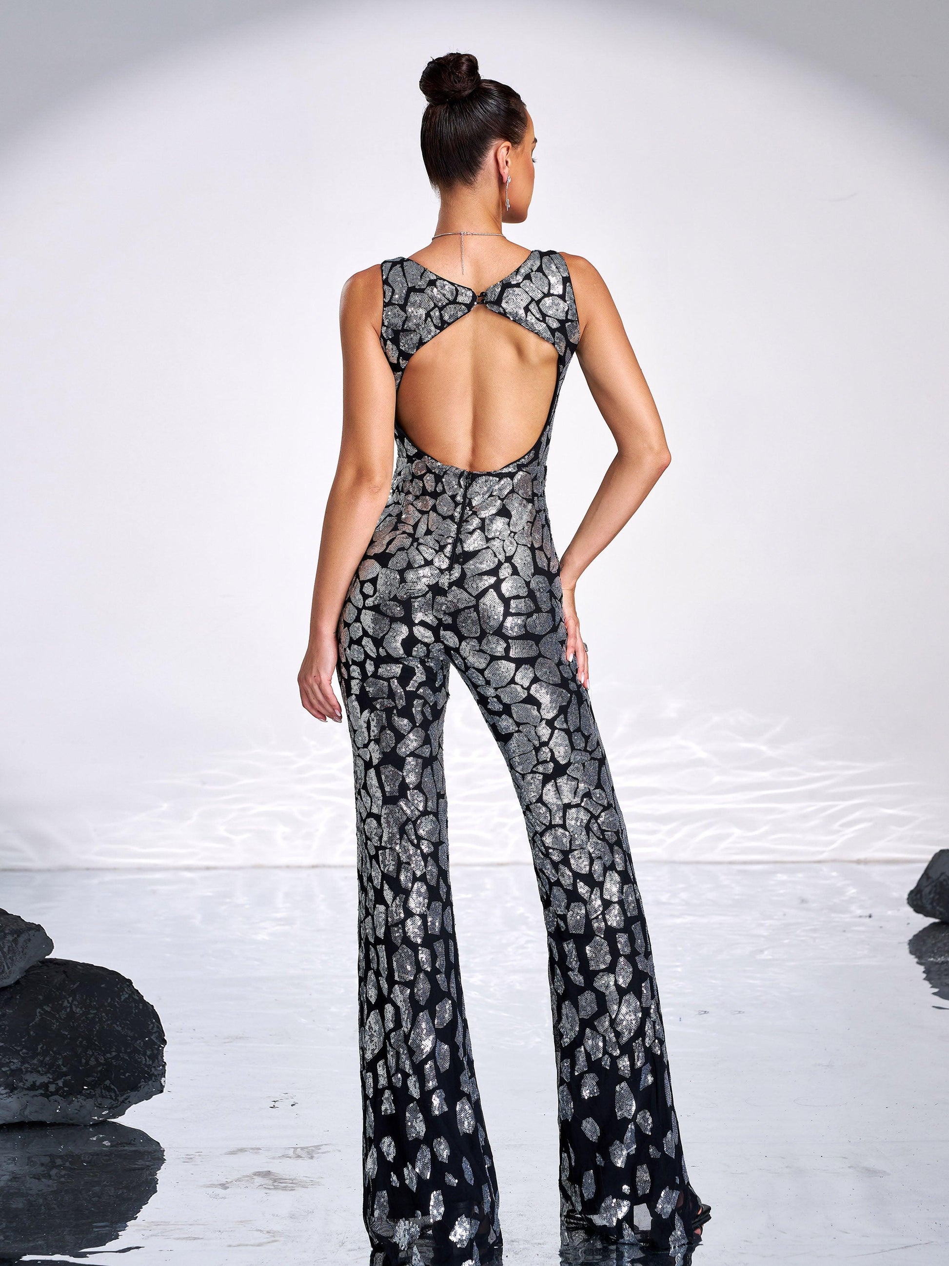 Sleeveless Cutout Sequin Jumpsuits