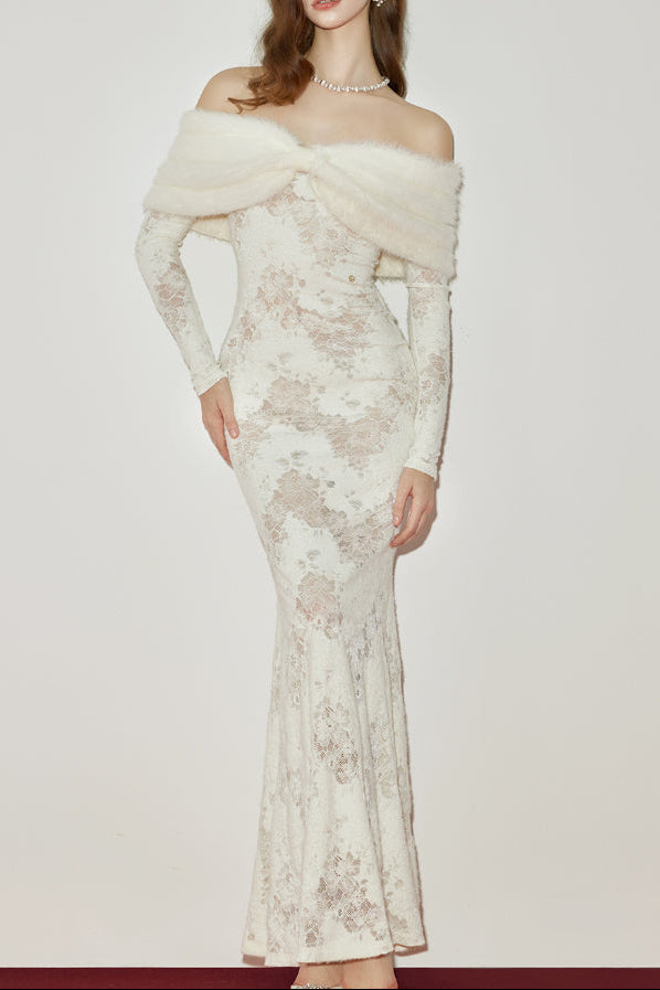 julia Off-Shoulder Fur Collar Long Sleeve lace maxi dress in white