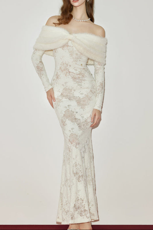 Ellalabel julia Off-Shoulder Fur Collar Long Sleeve lace maxi dress in white - Crafted from Intricate Lace Fabrication- Ideal for Wedding Guest and Formal Galas.