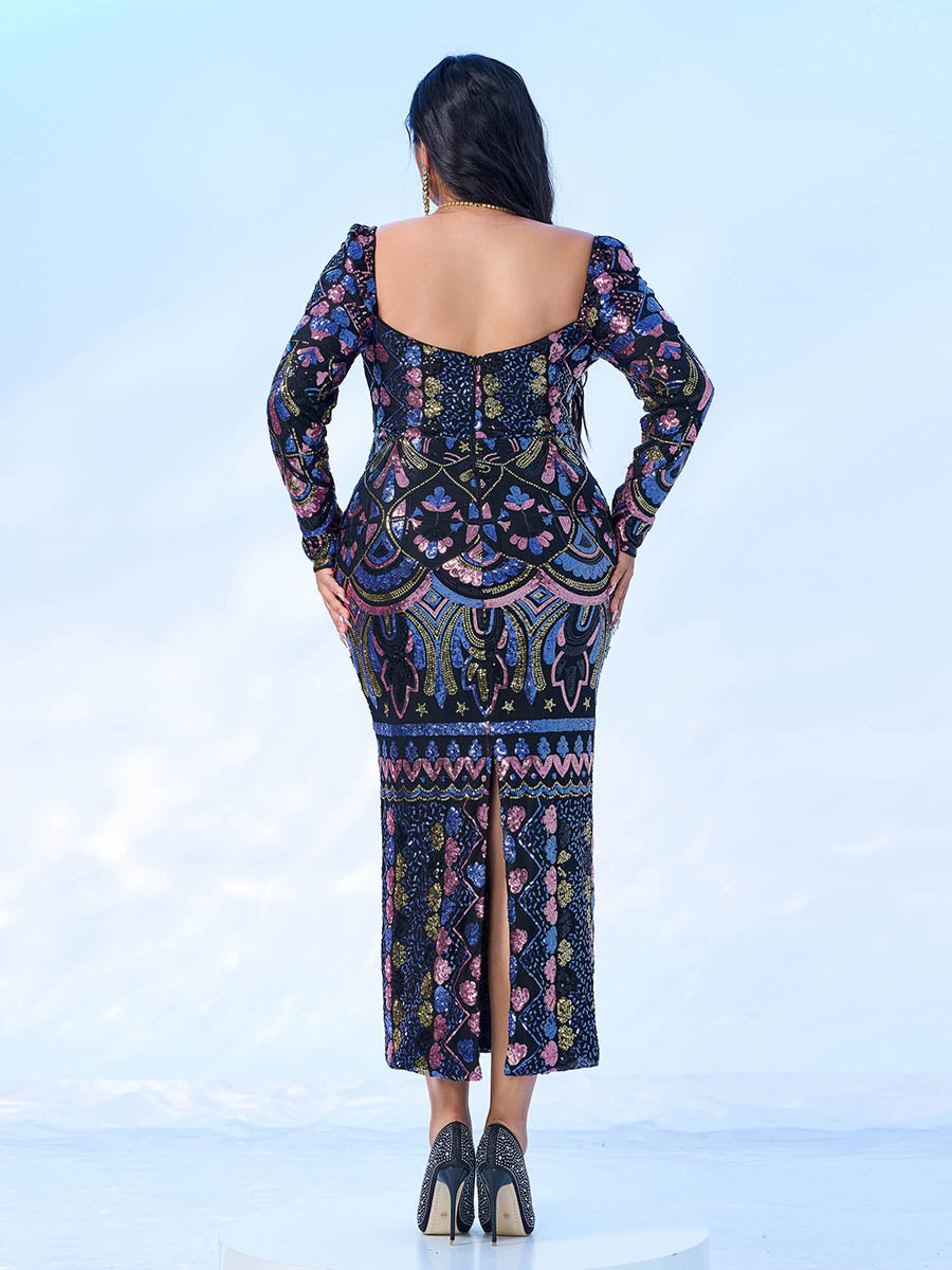 Square Neck Long Sleeve Split Sequin Dress