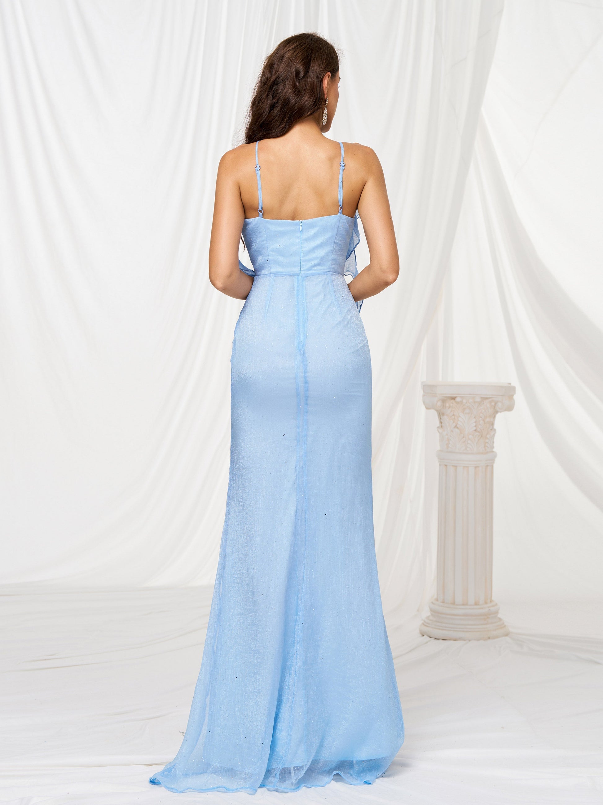 Halter Appliqued Mermaid Blue Tulle Dress