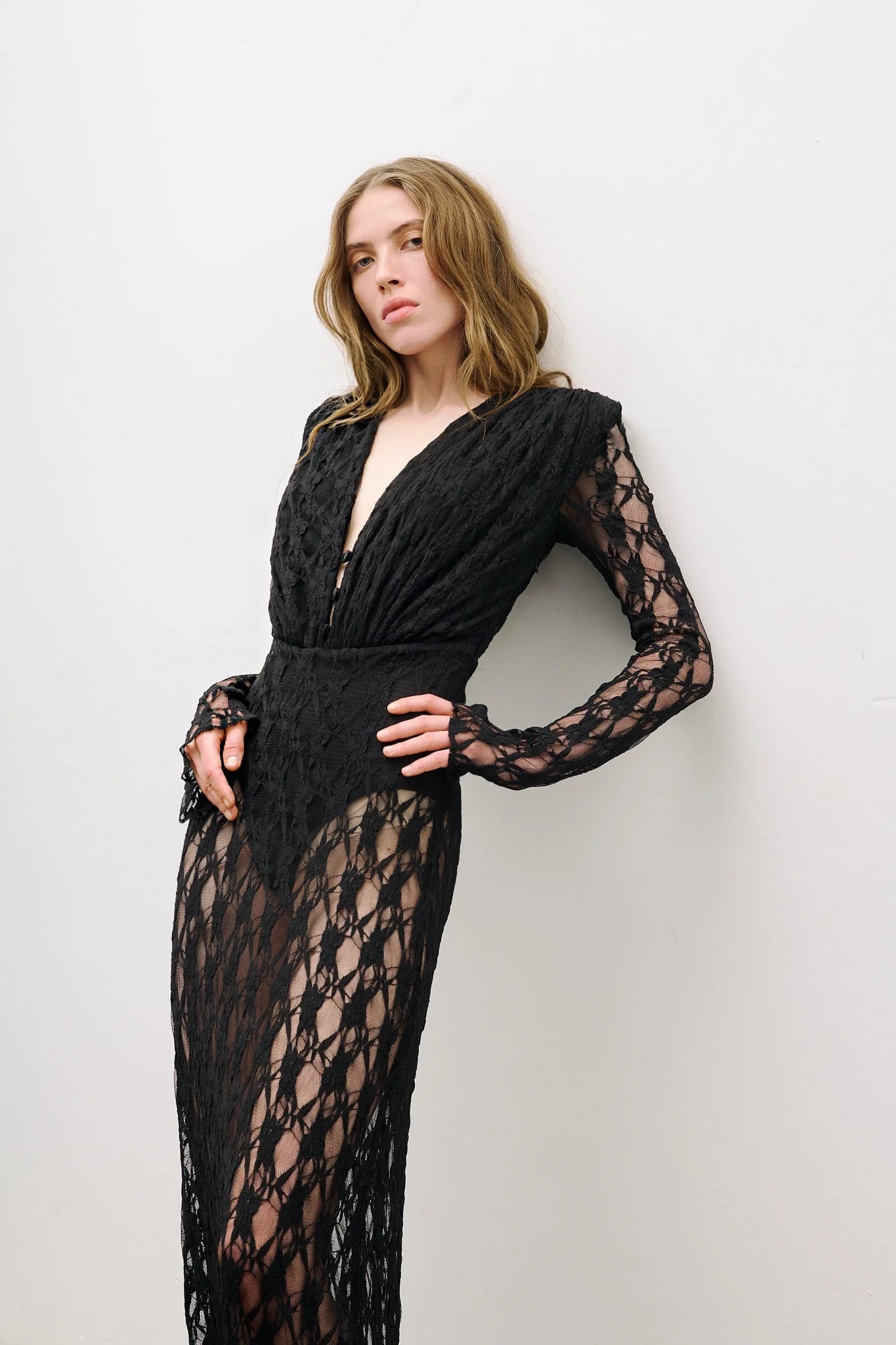florence v neck hollow long sleeve lace maxi dress  in black