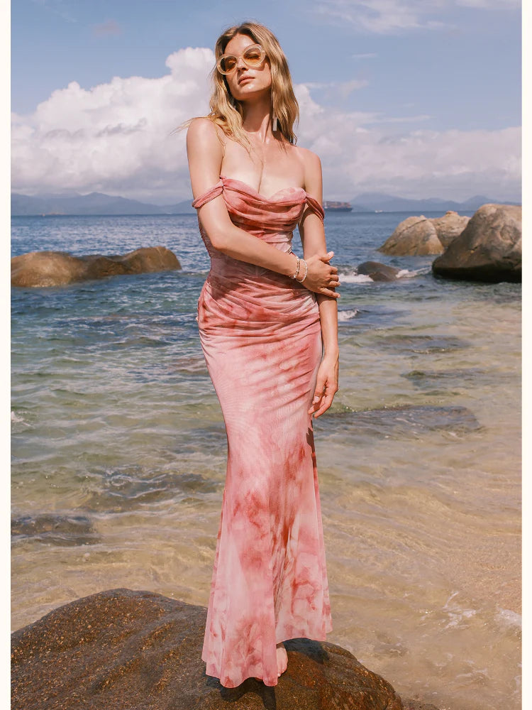 giselle pink Off-shoulder Pleated Gradient-dyed maxi Dress