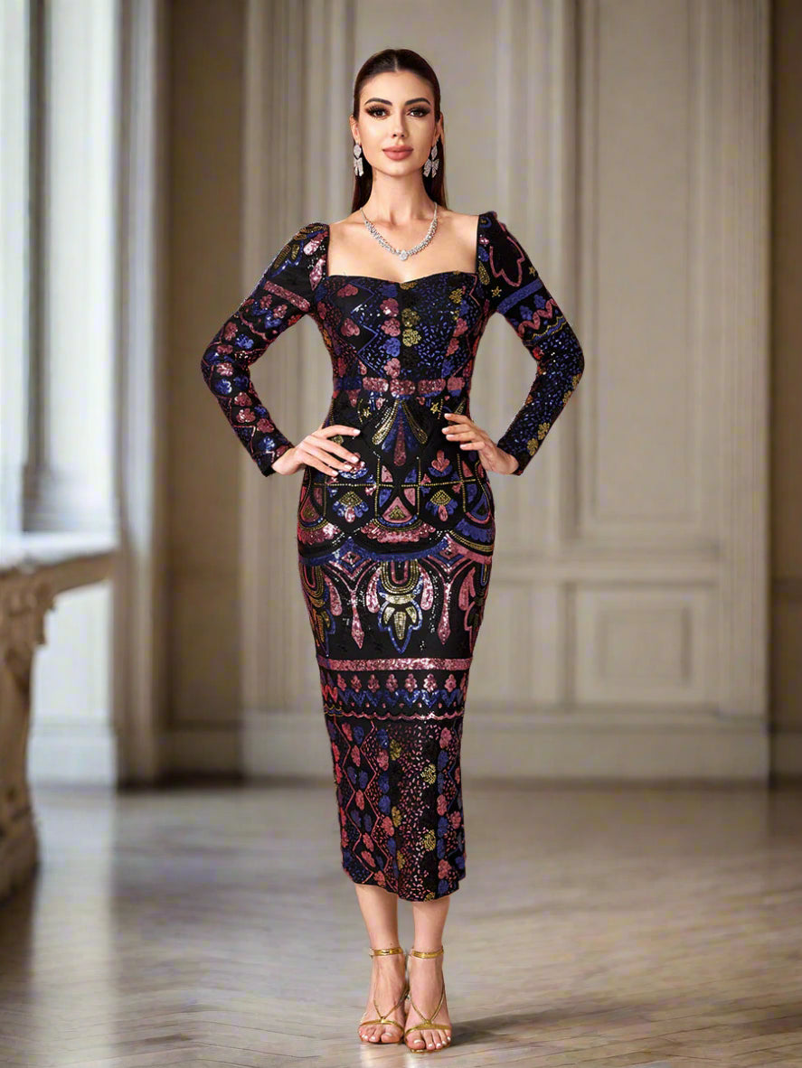 Stylish beautiful dress | Square Neck Long Sleeve Split Sequin Dress - Ideal for special occasions