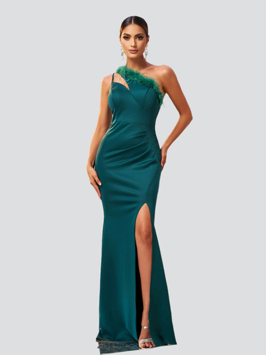 Ellalabel One Shoulder Feather Cutout Formal Dress in Green - Crafted from High-quality Fabrication - Designed for Elegant Occasions.