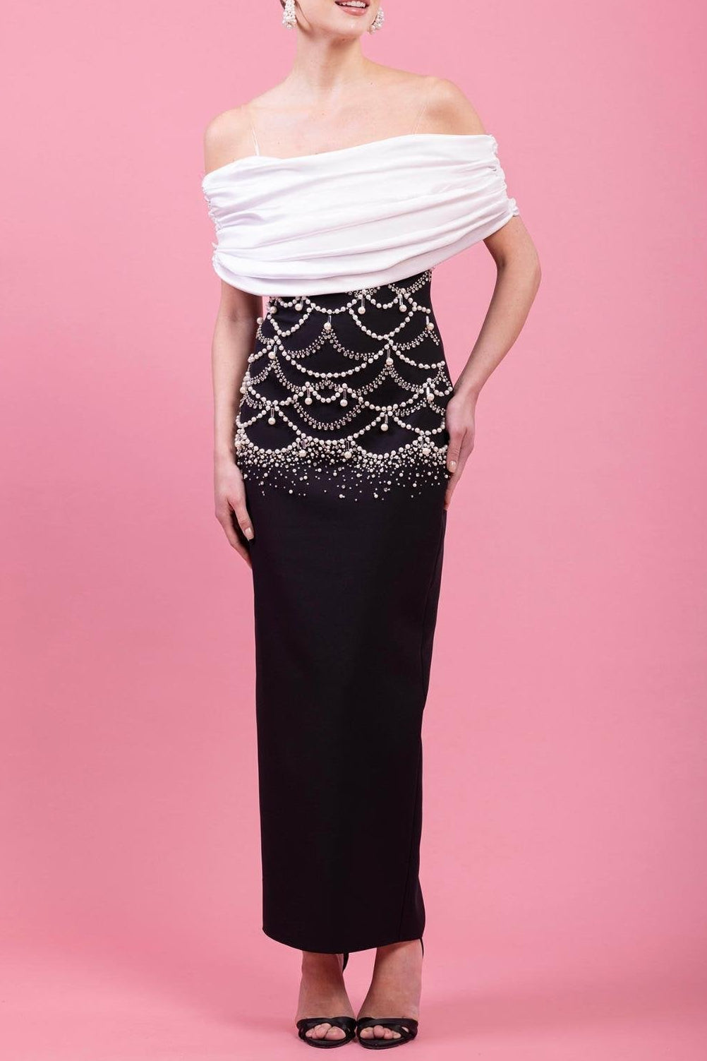 louise beading rhinestone strapless midi dress in black