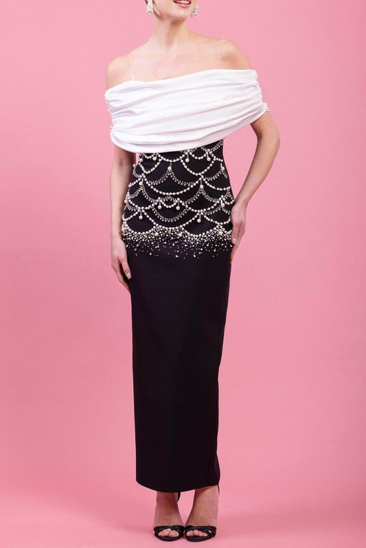 Ellalabel louise beading rhinestone strapless midi dress in black - Crafted from High-quality Fabrication- Perfect for Garden Parties and Resort Wear.