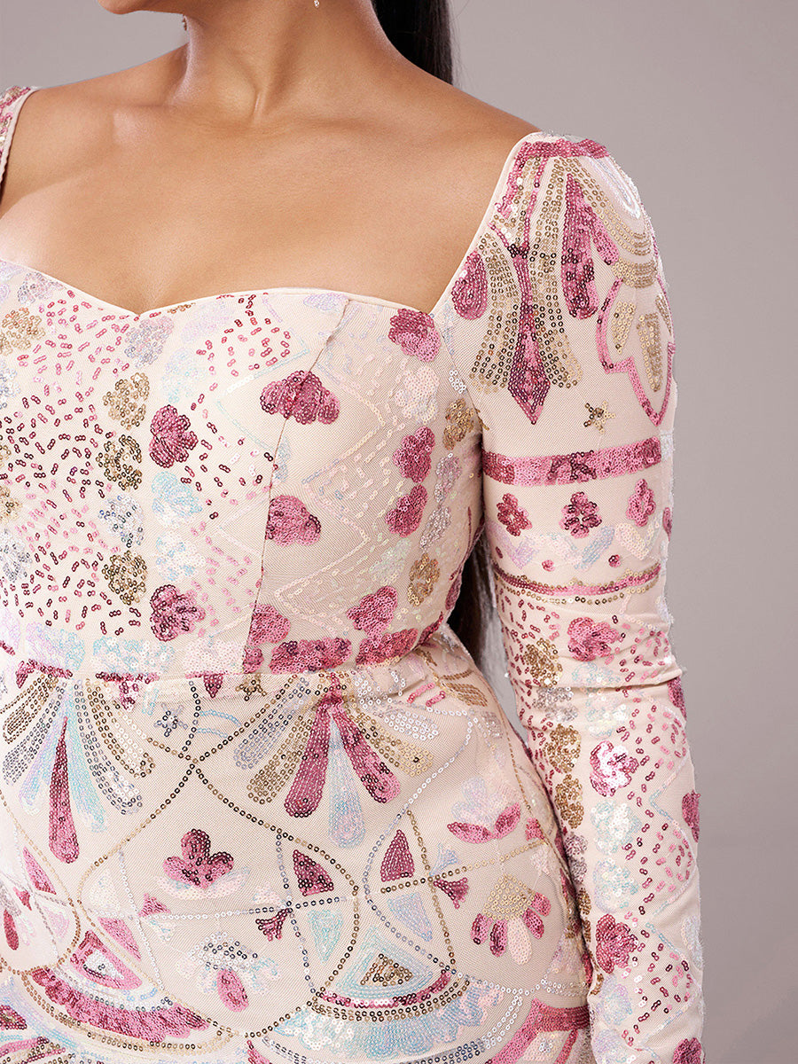 Square Neck Long Sleeve Split Sequin Dress