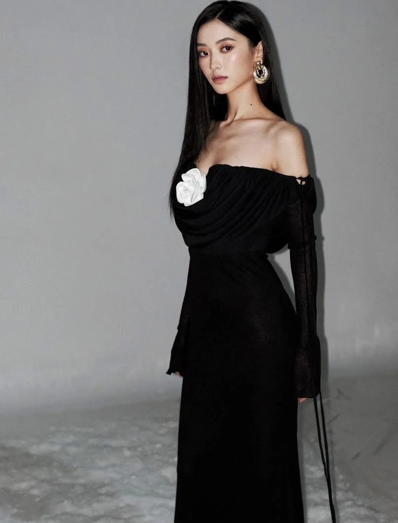 roberta off-shoulder flower embellished pleated maxi dress in black