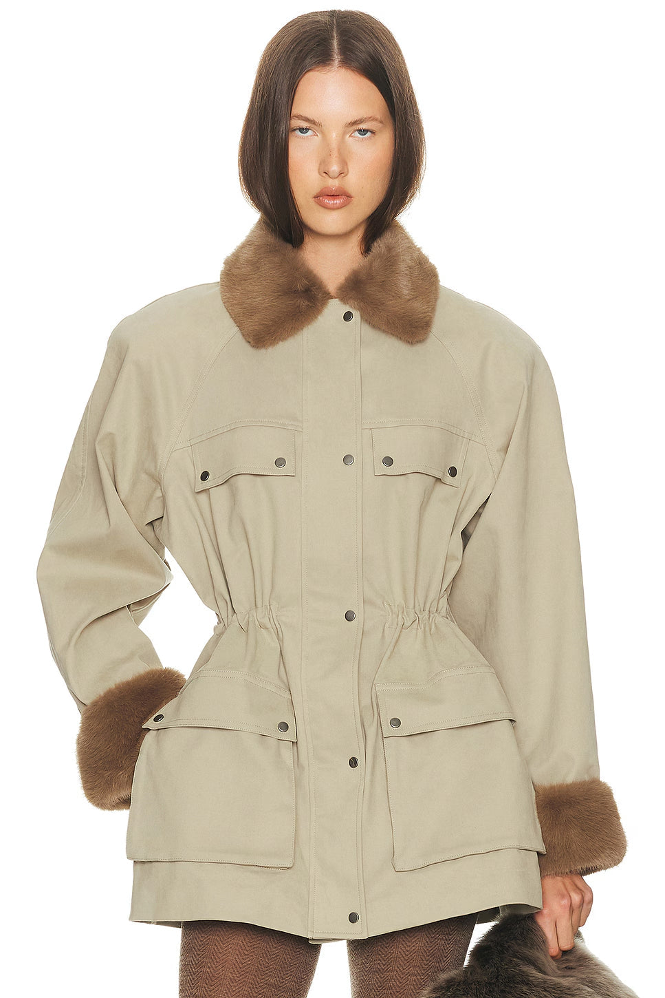 nelly Khaki Balmoral Jacket With Faux Fur Trim