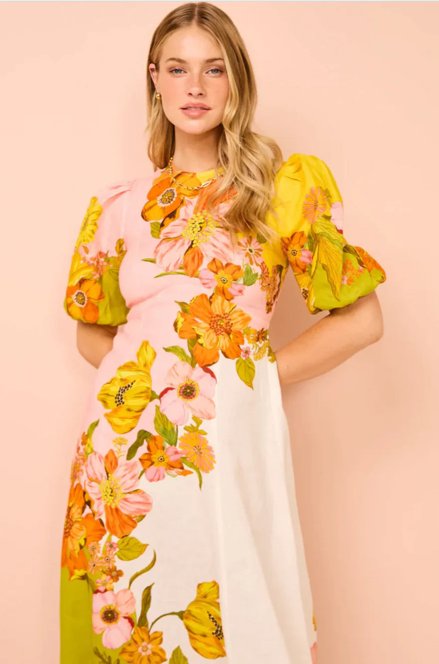 nancy yellow puff sleeve floral print maxi dress