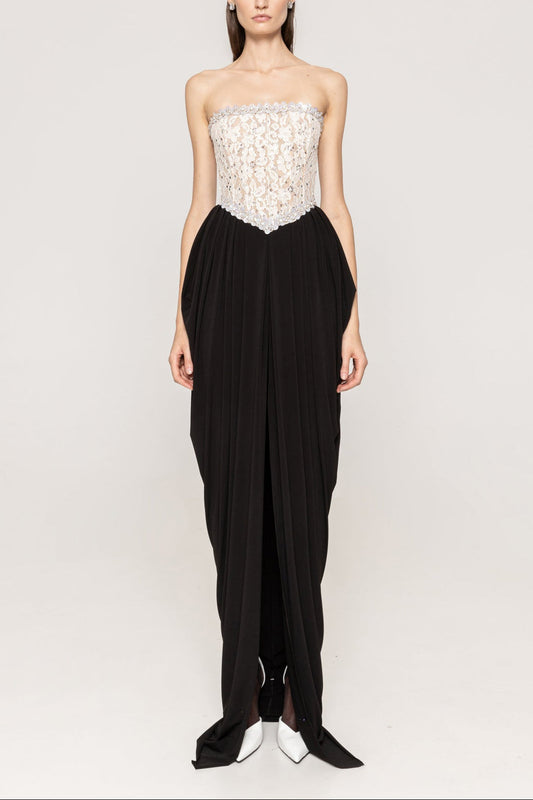 Ellalabel bblythe Lace Beaded embellished Strapless Maxi Dress in black - Crafted from Intricate Lace Fabrication- Ideal for Wedding Guest and Formal Galas.