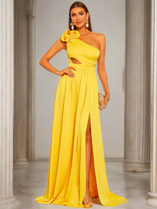 Ellalabel Cutout Floral One Shoulder Prom Dress in Yellow - Crafted from High-quality Fabrication- Perfect for Garden Parties and Resort Wear.