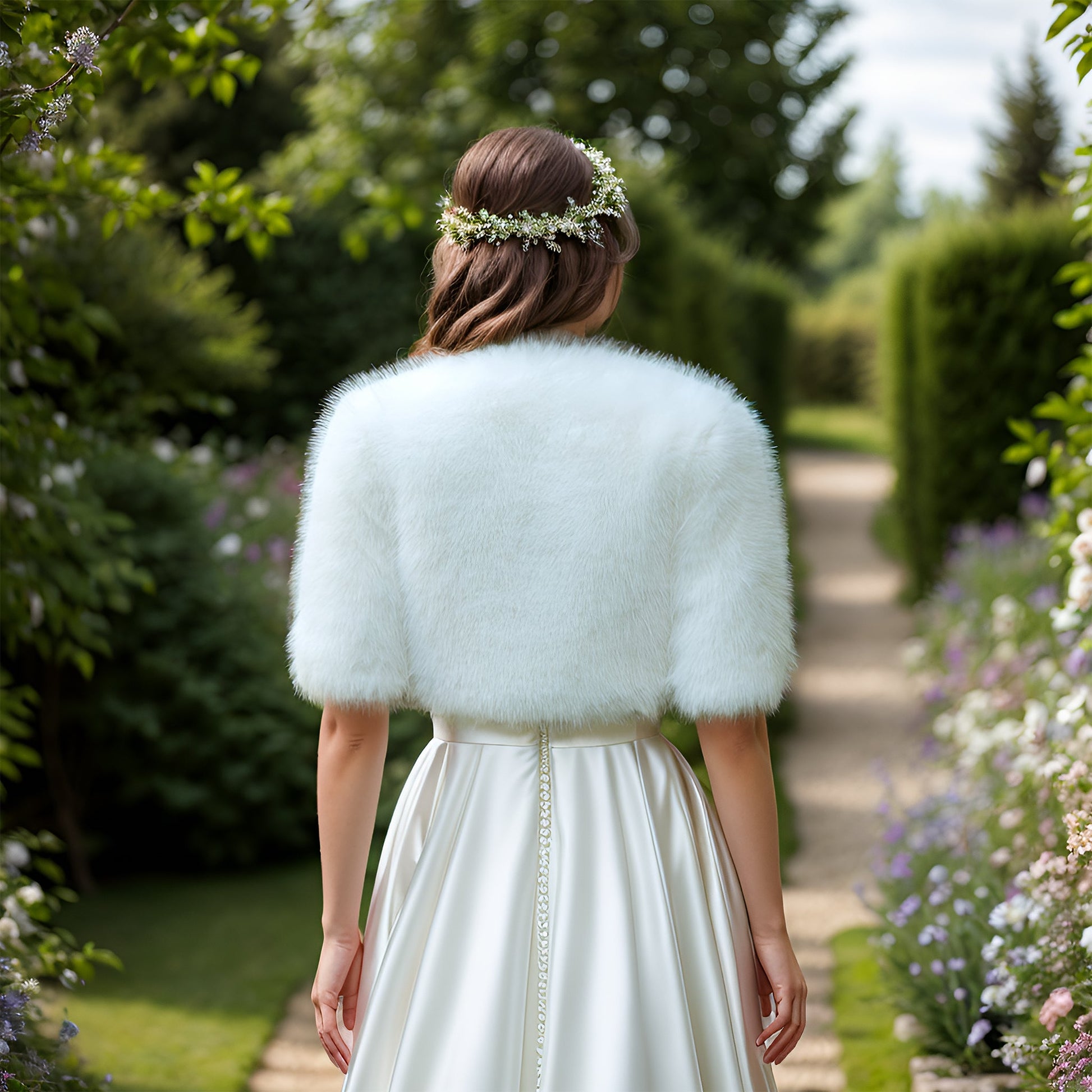 Elbow sleeve light ivory faux fur bolero