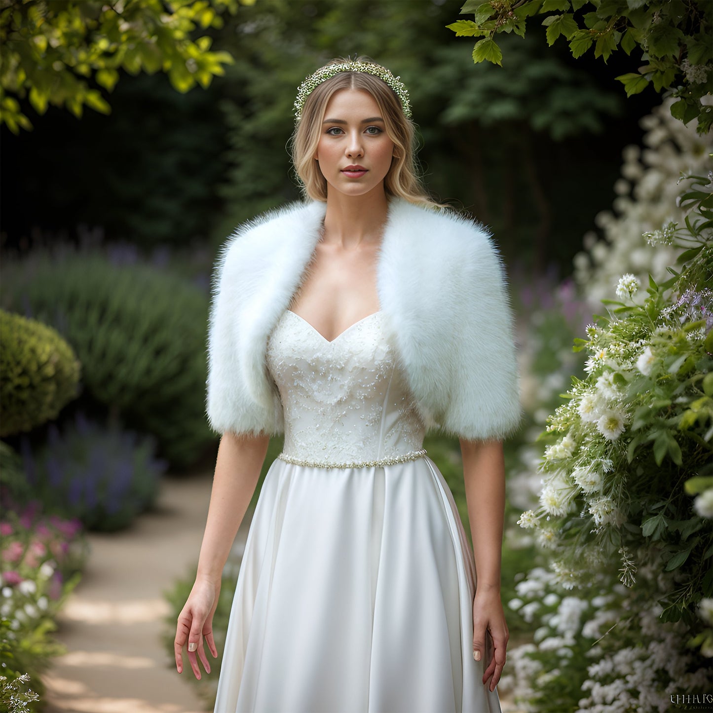 Elbow sleeve light ivory faux fur bolero