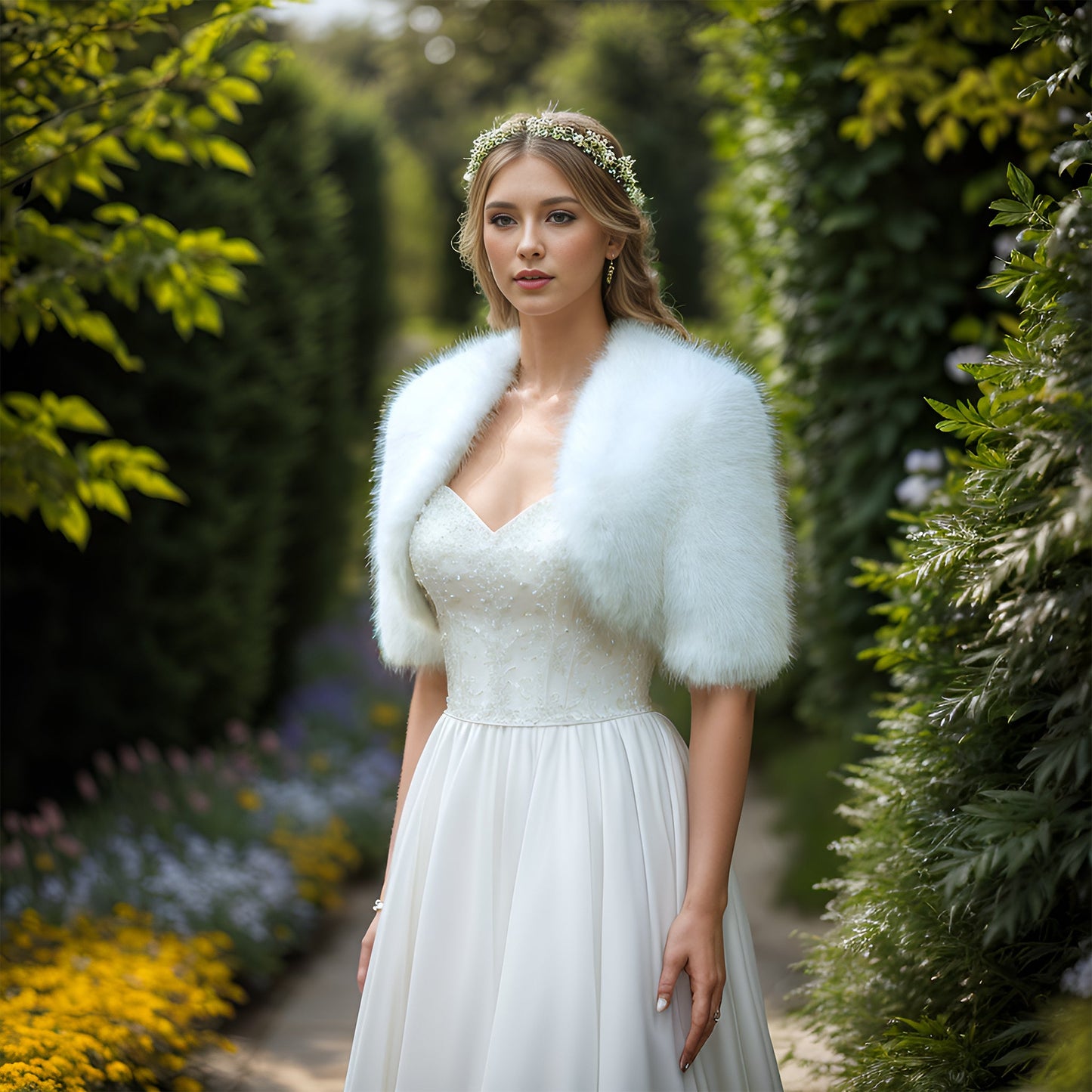 Elbow sleeve light ivory faux fur bolero