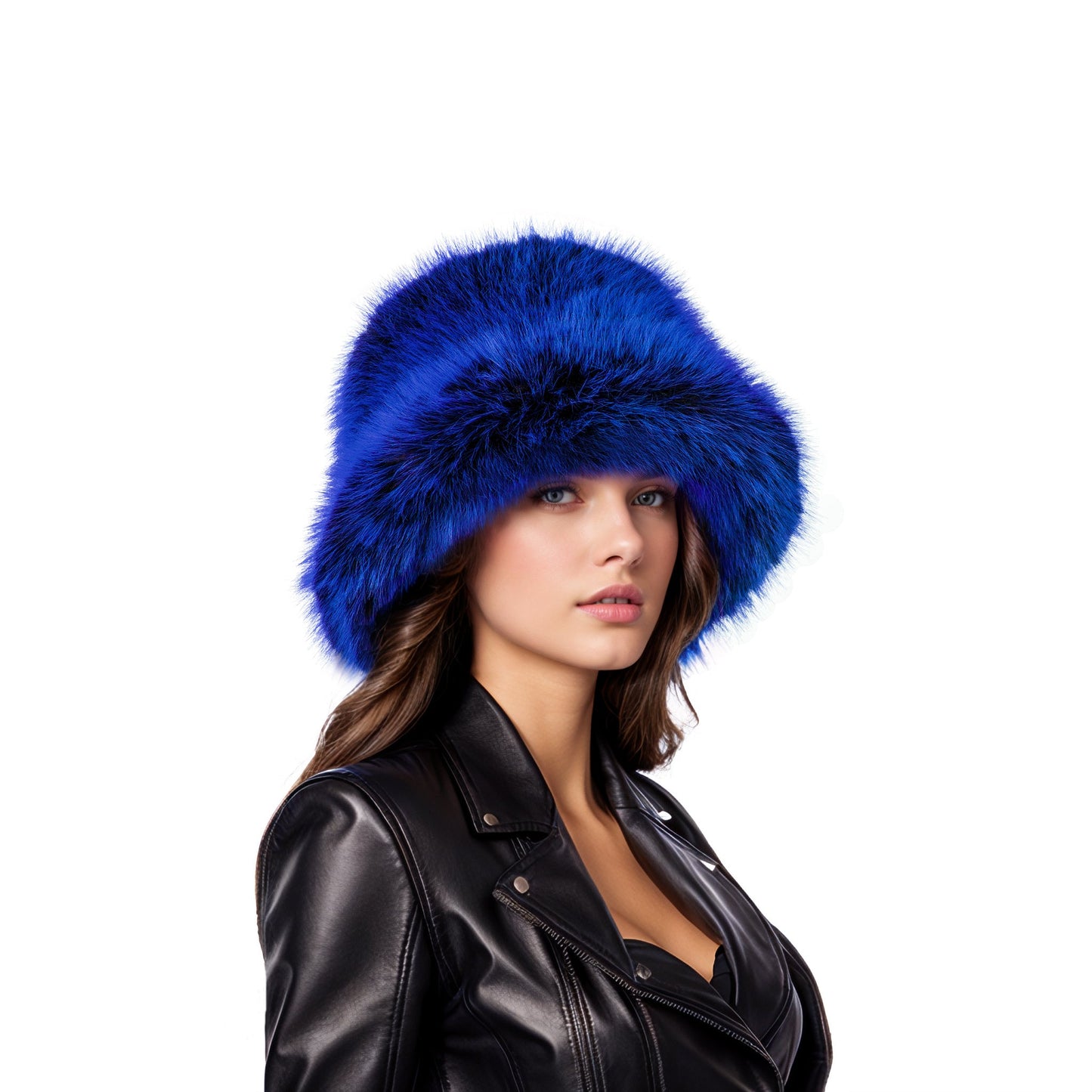 Blue black two tone faux fur bucket hat