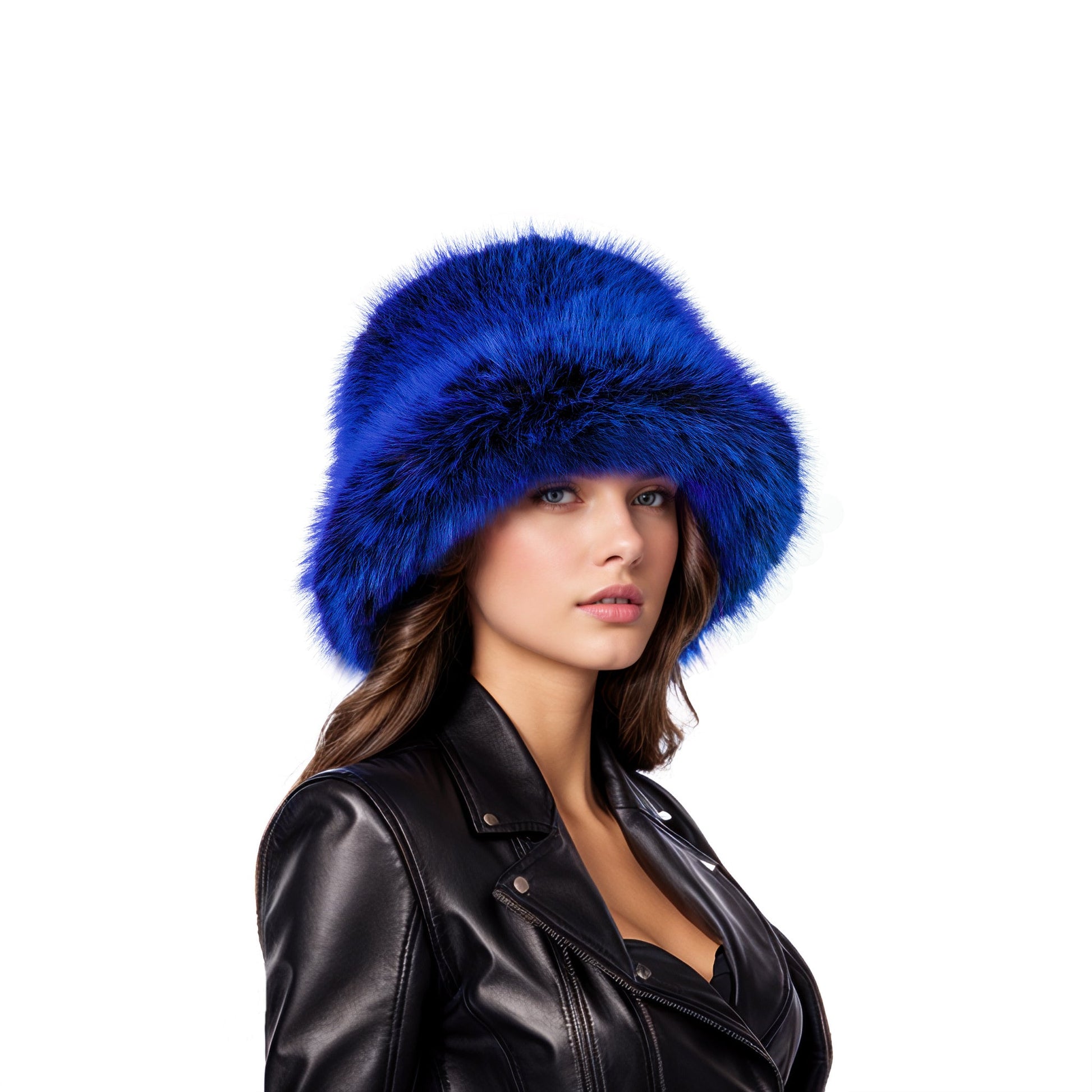 Blue black two tone faux fur bucket hat