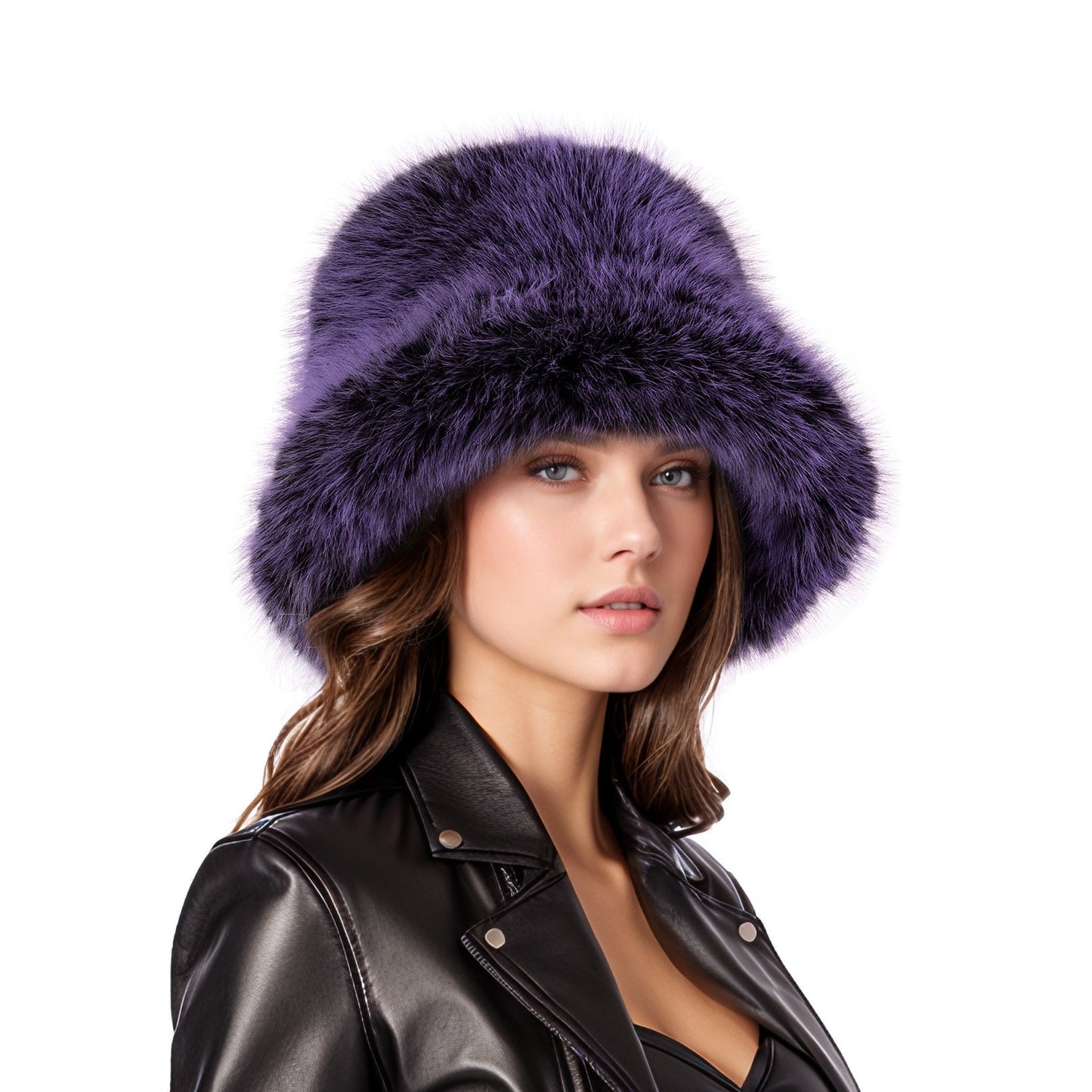 Purple black two tone faux fur bucket hat