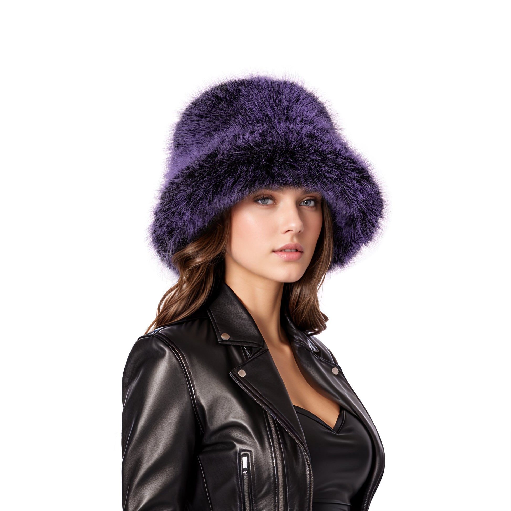Purple black two tone faux fur bucket hat