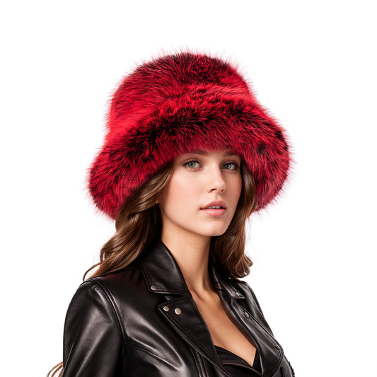 Ellalabel Red black two tone faux fur bucket hat - Crafted from High-quality Fabrication - Designed for Elegant Occasions.