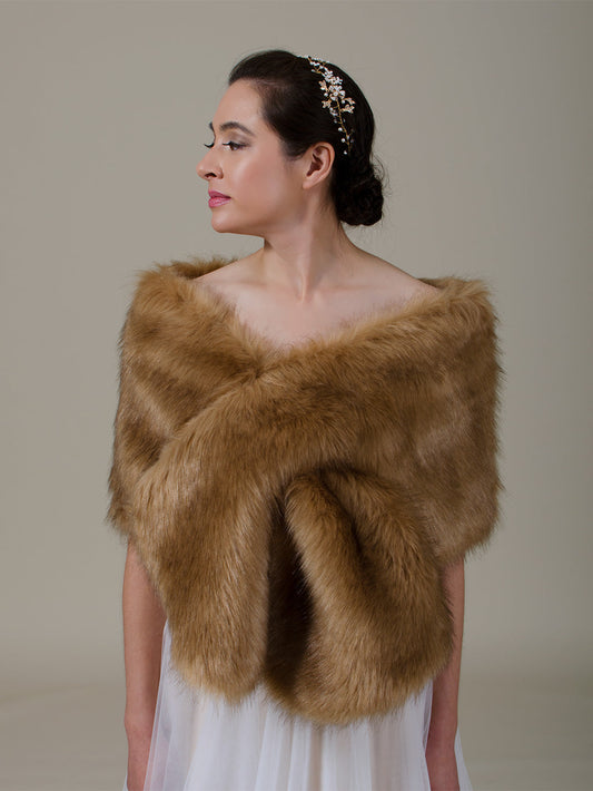 Ellalabel Brown faux fur wrap bridal shawl in Brown - Crafted from High-quality Fabrication - Designed for Elegant Occasions.