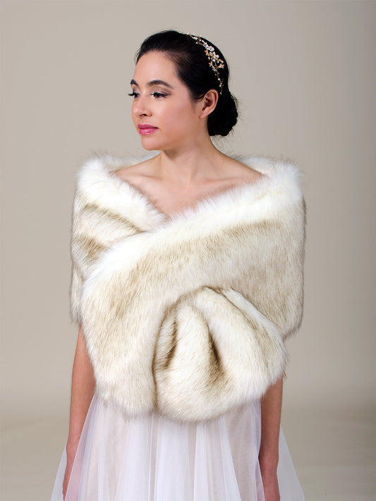Ellalabel Ivory faux fur wrap bridal stole with brown tips in Ivory with Brown Tips - Crafted from High-quality Fabrication - Designed for Elegant Occasions.