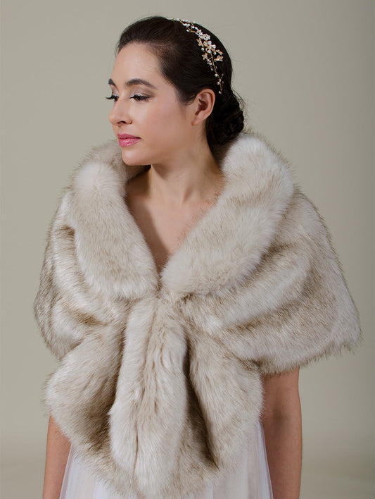 Ellalabel Beige faux fur wrap with collar in Beige - Crafted from High-quality Fabrication - Designed for Elegant Occasions.