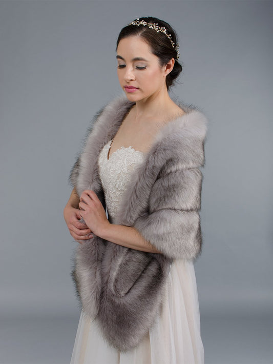 Ellalabel Gray faux fur stole bridal wrap with pocket in Gray - Crafted from High-quality Fabrication - Designed for Elegant Occasions.