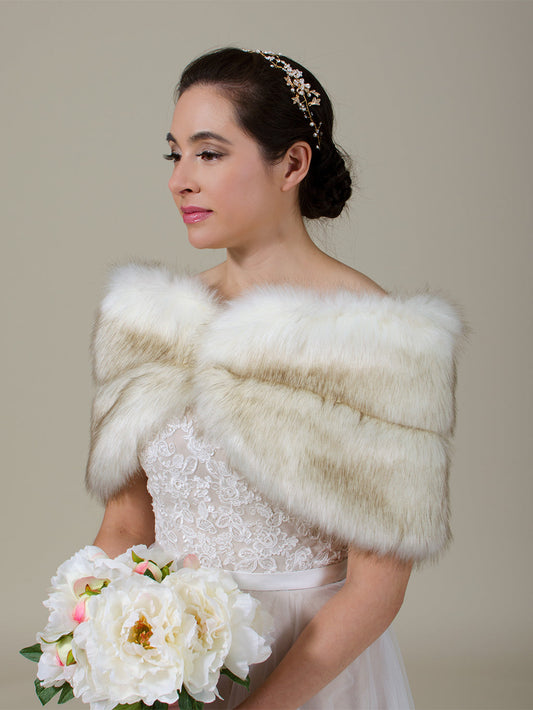 Ellalabel Ivory faux fur wrap bridal stole with Brown tips in Ivory with Brown Tips - Crafted from High-quality Fabrication - Designed for Elegant Occasions.