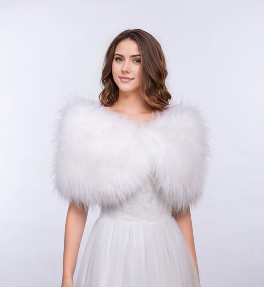 Ellalabel White faux fur wrap bridal shawl wedding stole in Pure white - Crafted from High-quality Fabrication - Designed for Elegant Occasions.
