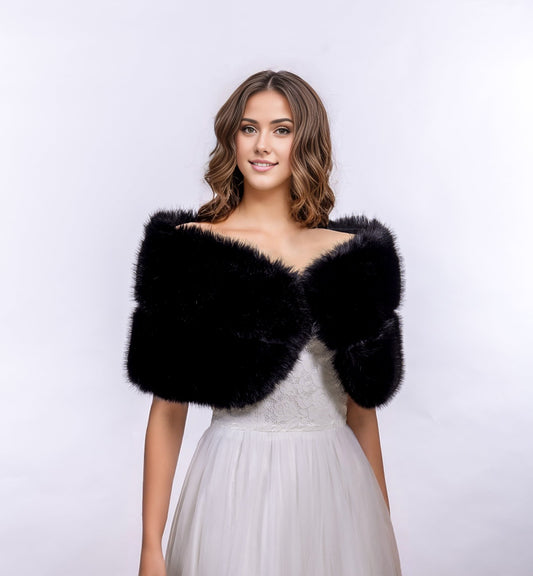 Ellalabel Black faux fur wrap bridal shawl wedding stole in Black - Crafted from High-quality Fabrication - Designed for Elegant Occasions.