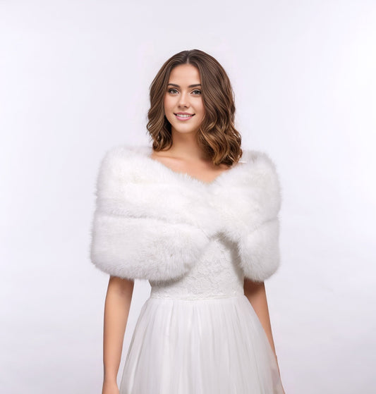Ellalabel Pure light ivory faux fur wrap bridal shawl wedding stole in Pure light ivory - Crafted from High-quality Fabrication - Designed for Elegant Occasions.