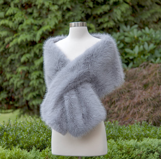 Ellalabel Gray faux fur wrap bridal shawl wedding cape - Crafted from High-quality Fabrication - Designed for Elegant Occasions.