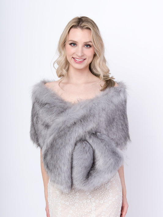 Ellalabel Gray faux fur shawl wedding wrap bridal stole in Gray - Crafted from High-quality Fabrication - Designed for Elegant Occasions.