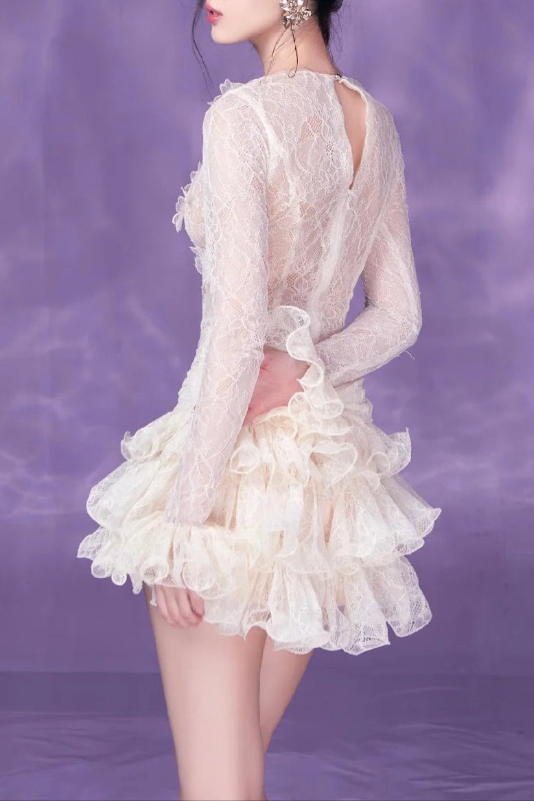 victoria white lace embroidery ruched trim mini dress