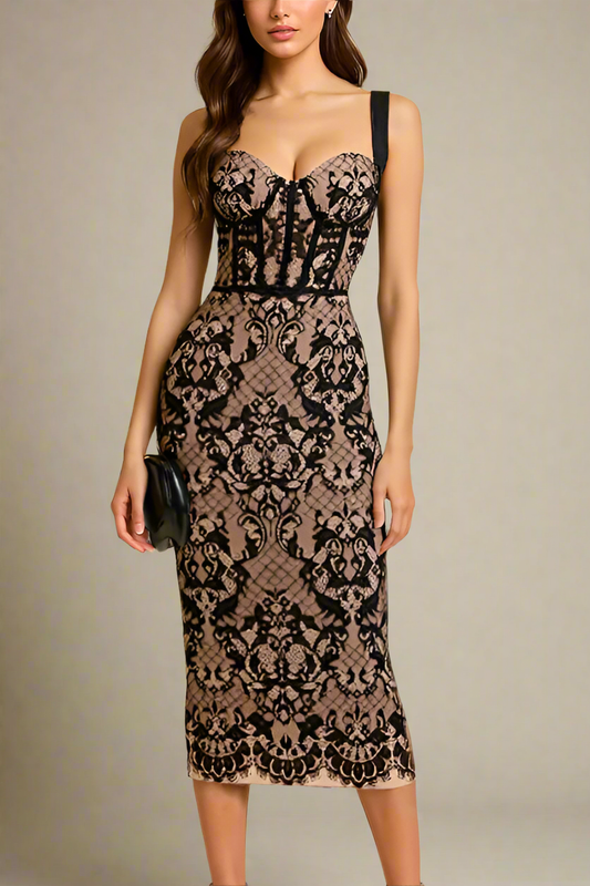 Ellalabel Genevieve Bodycon Lace Midi Dress - Classic Black in Classic Black - Crafted from Intricate Lace Fabrication- Perfect for Garden Parties and Resort Wear.